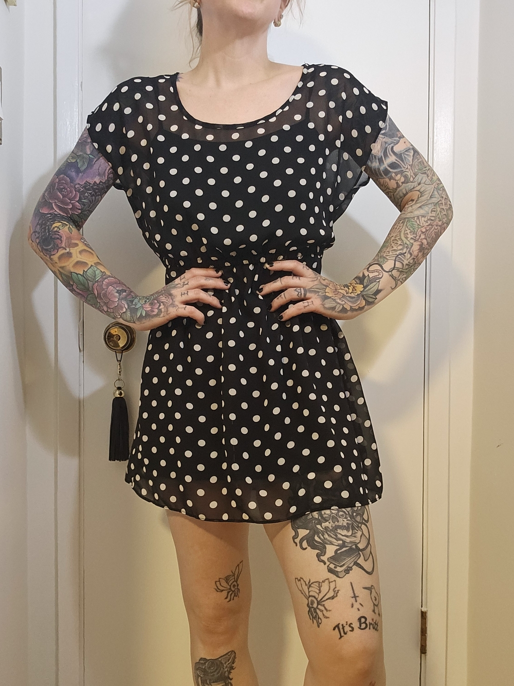 Black Polka Dot Chiffon Mini Dress Short Sleeve Sz S